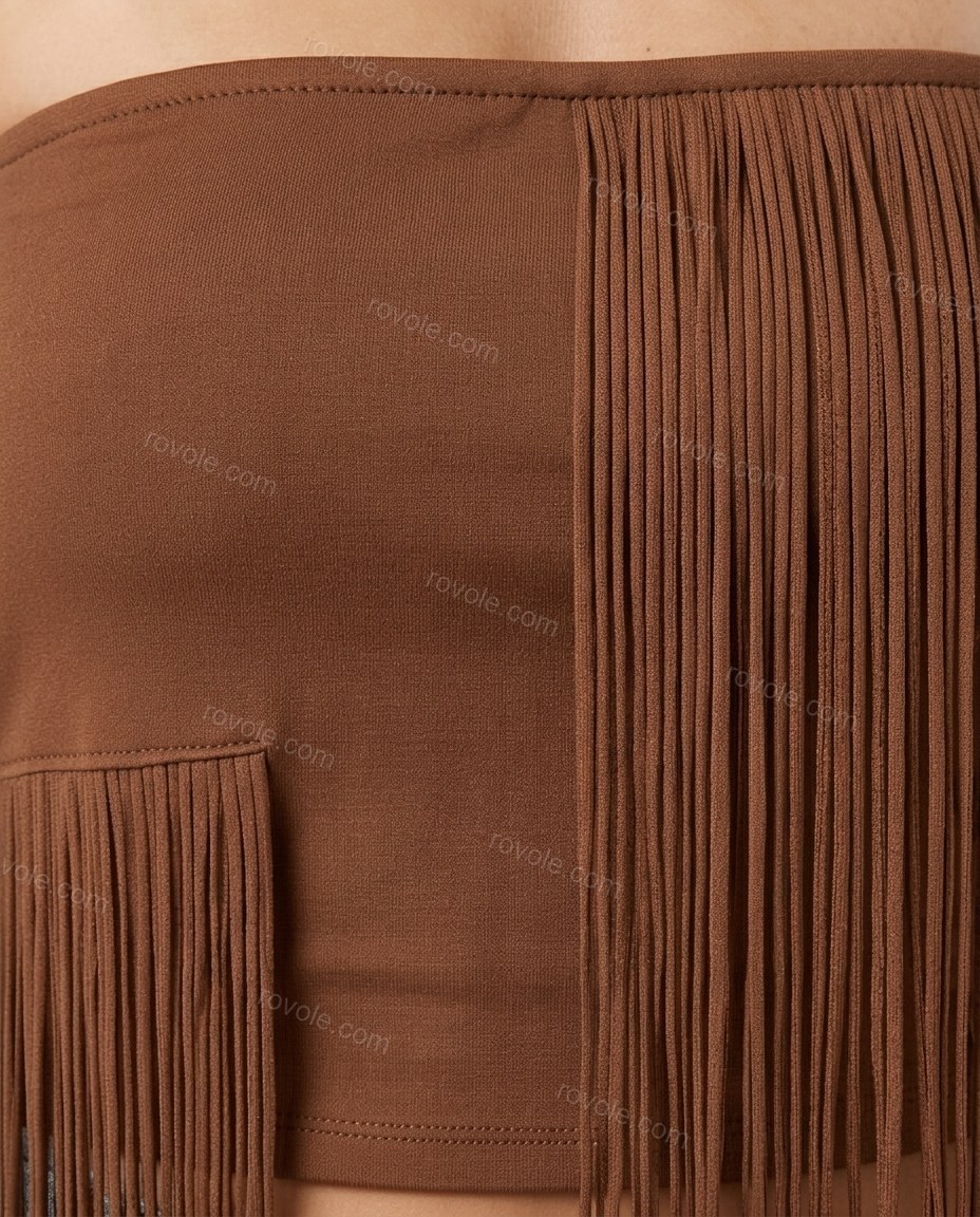Brown Strapless Fringe Knit Two-Piece Set, close-up of fringe, strapless design and crop length, by rovole.com
