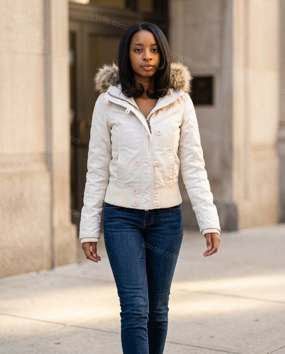 Off-white Faux-Fur Knit Ribbed Jacket, full-length hero view, by rovole.com