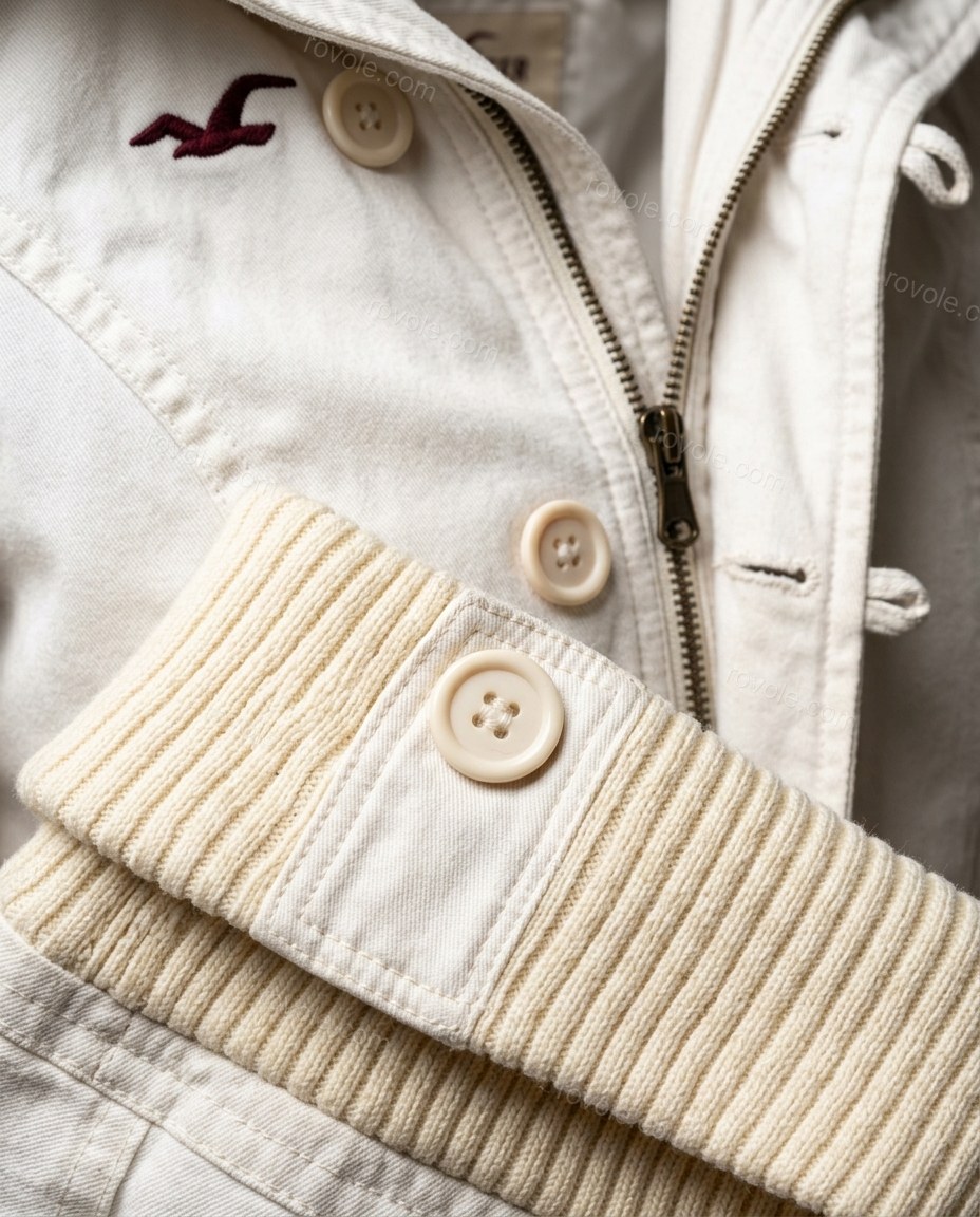 Off-white Faux-Fur Knit Ribbed Jacket, close-up of light yellow and brown accents, hooded and faux fur trim, by rovole.com