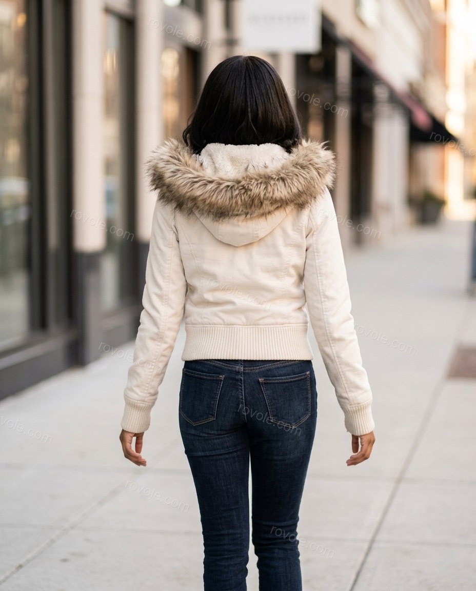 Off-white Faux-Fur Knit Ribbed Jacket, movement and fit lifestyle view, by rovole.com