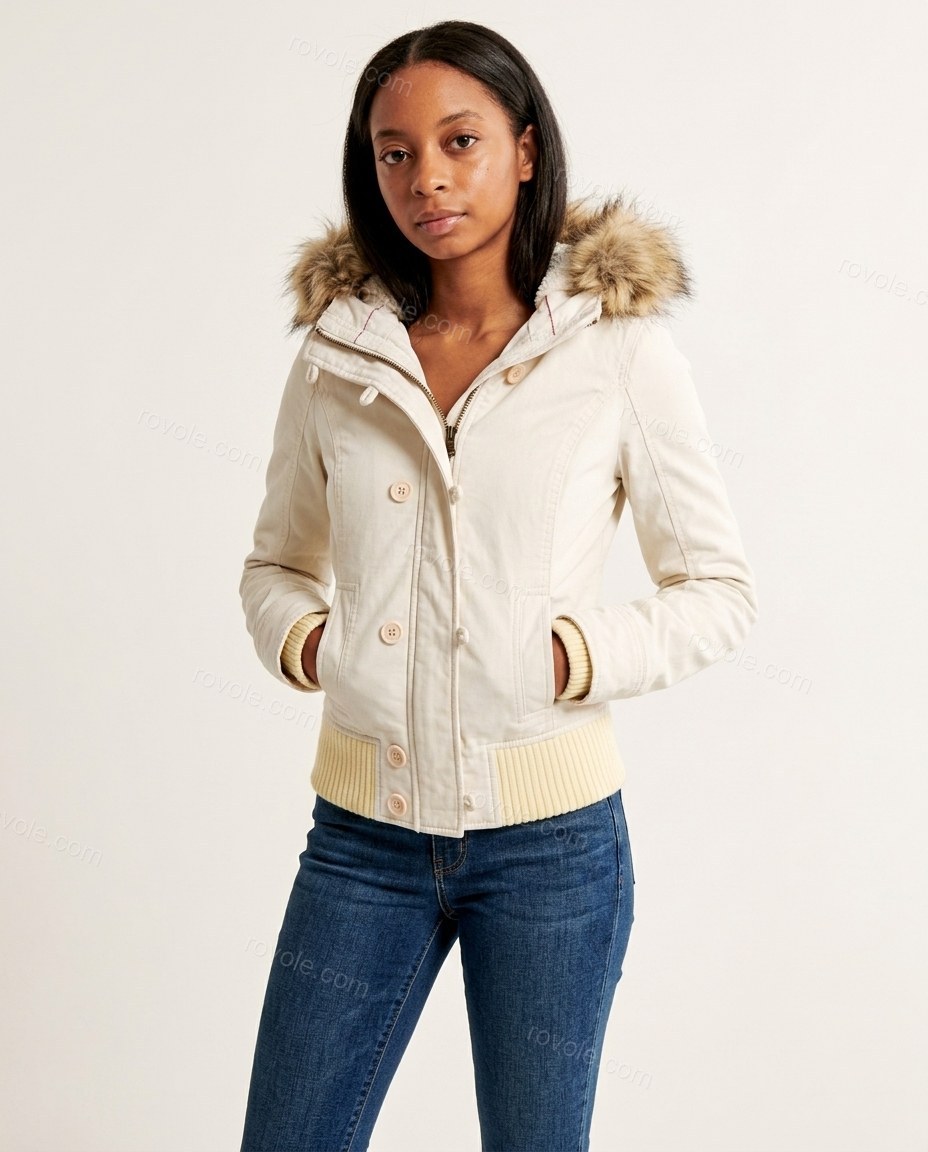 Off-white Faux-Fur Knit Ribbed Jacket, front studio view, by rovole.com