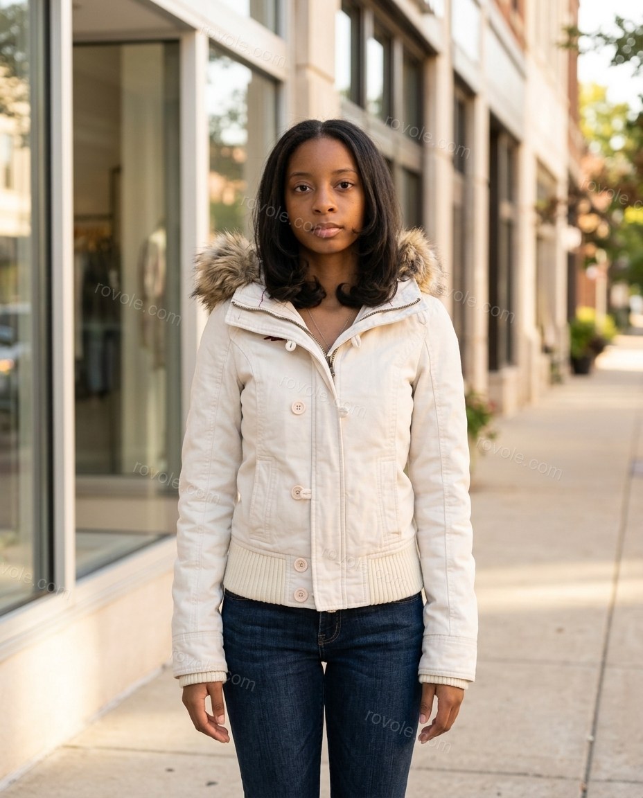 Off-white Faux-Fur Knit Ribbed Jacket, three-quarter brand lifestyle view, by rovole.com