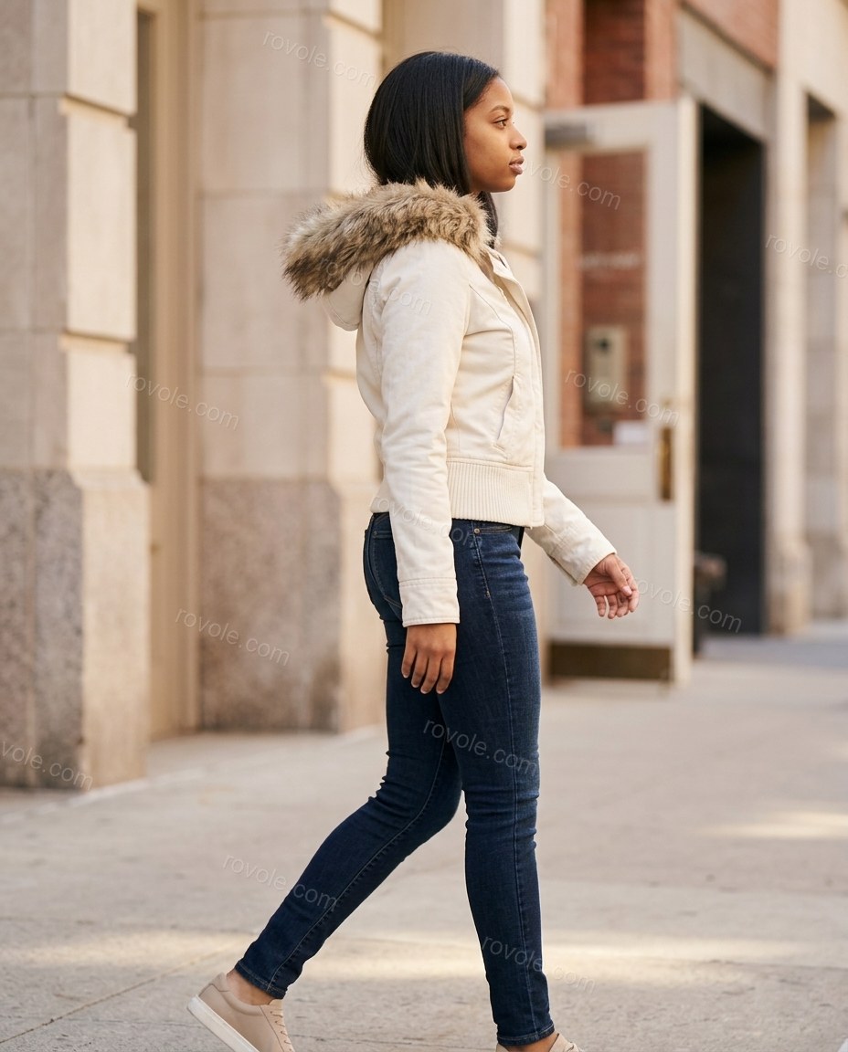 Off-white Faux-Fur Knit Ribbed Jacket, walking lifestyle view, by rovole.com