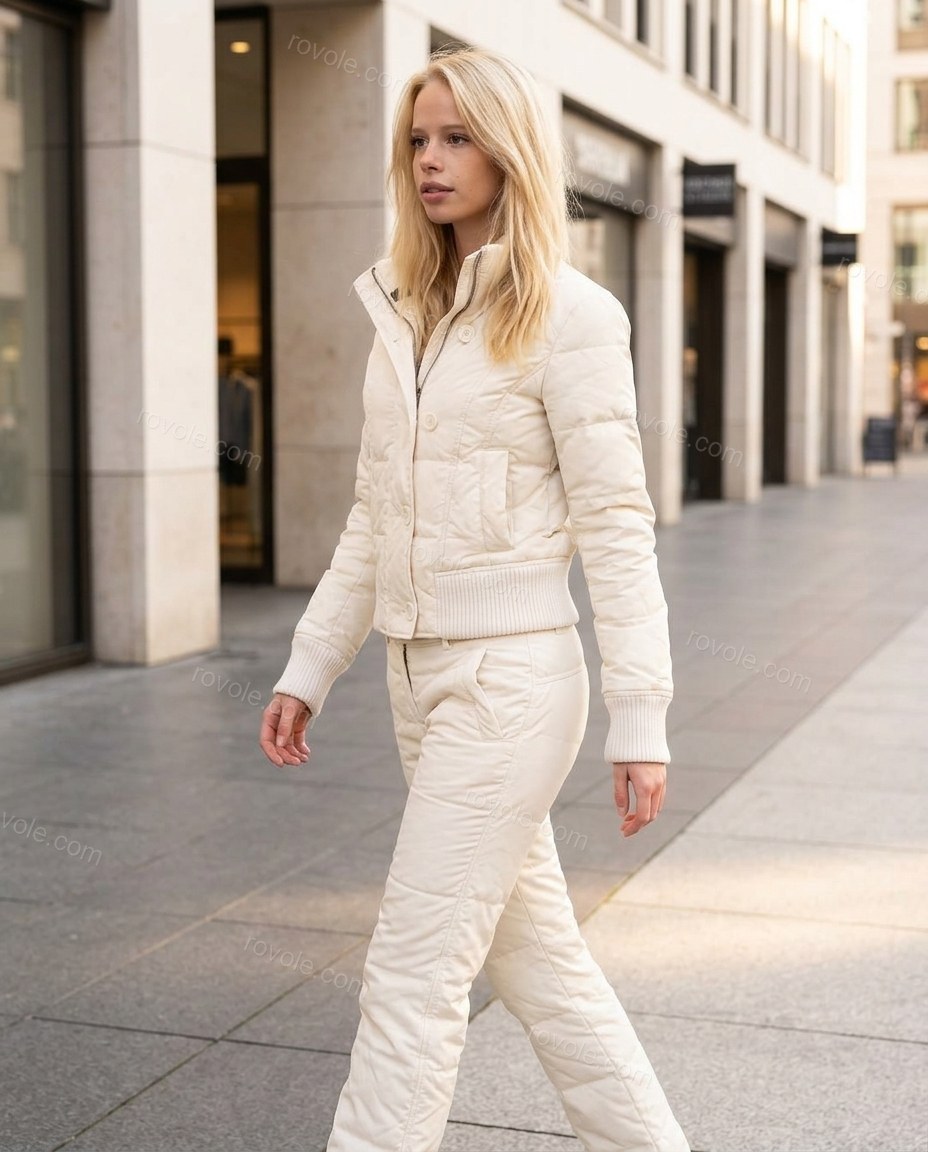 White Knit Ribbed Two-Piece Set, walking lifestyle view, by rovole.com