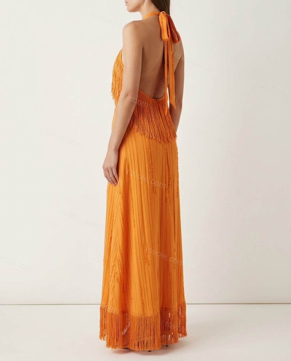 Orange Striped Maxi Open-Back Dress, back studio view showing open back with halter ties, by rovole.com
