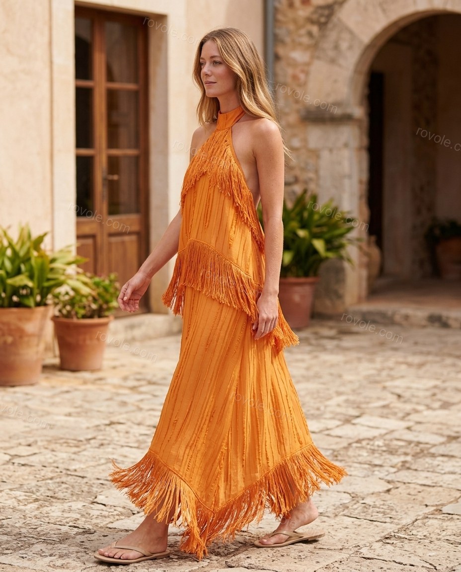 Orange Striped Maxi Open-Back Dress, walking lifestyle view, by rovole.com