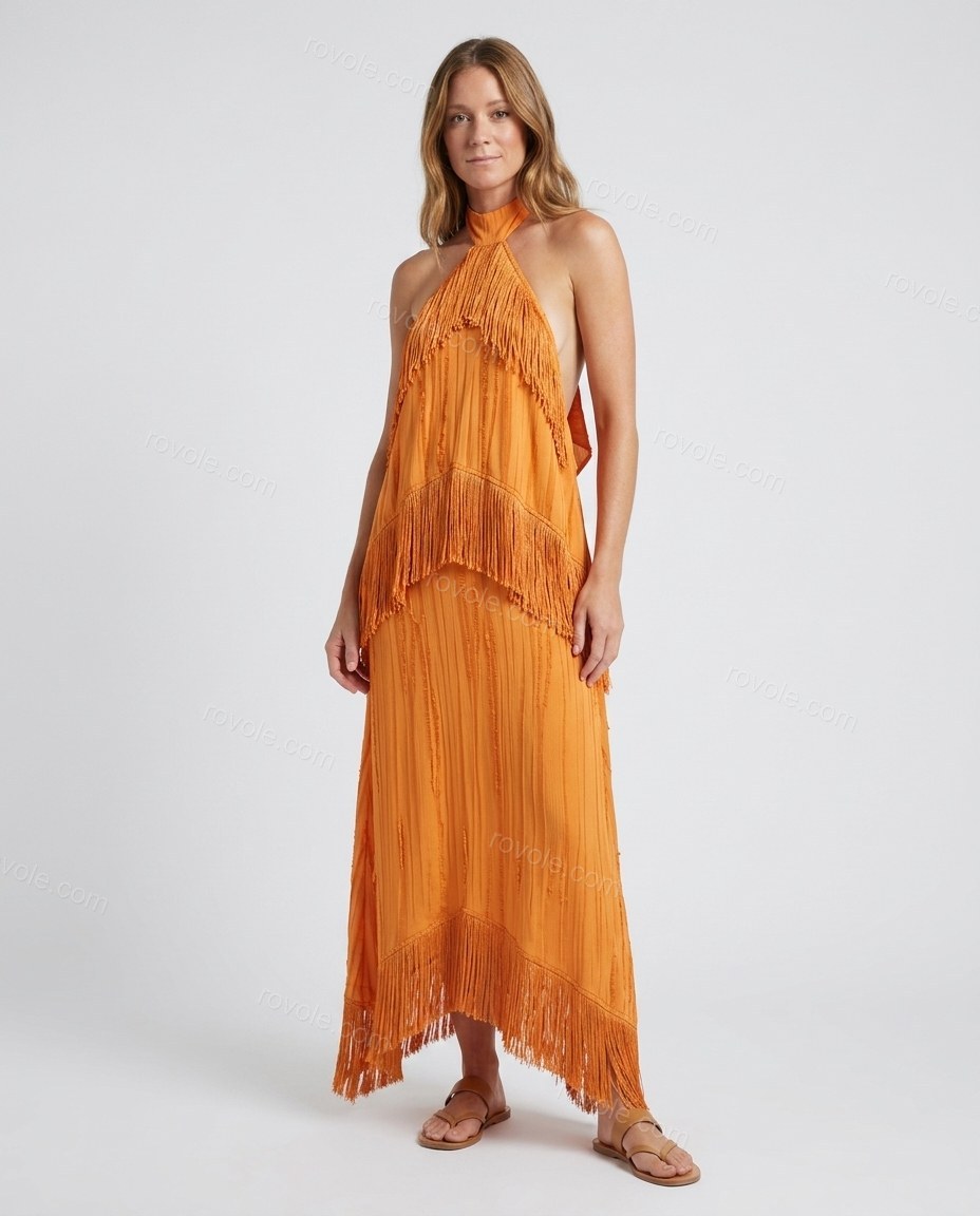 Orange Striped Maxi Open-Back Dress, front studio view, by rovole.com
