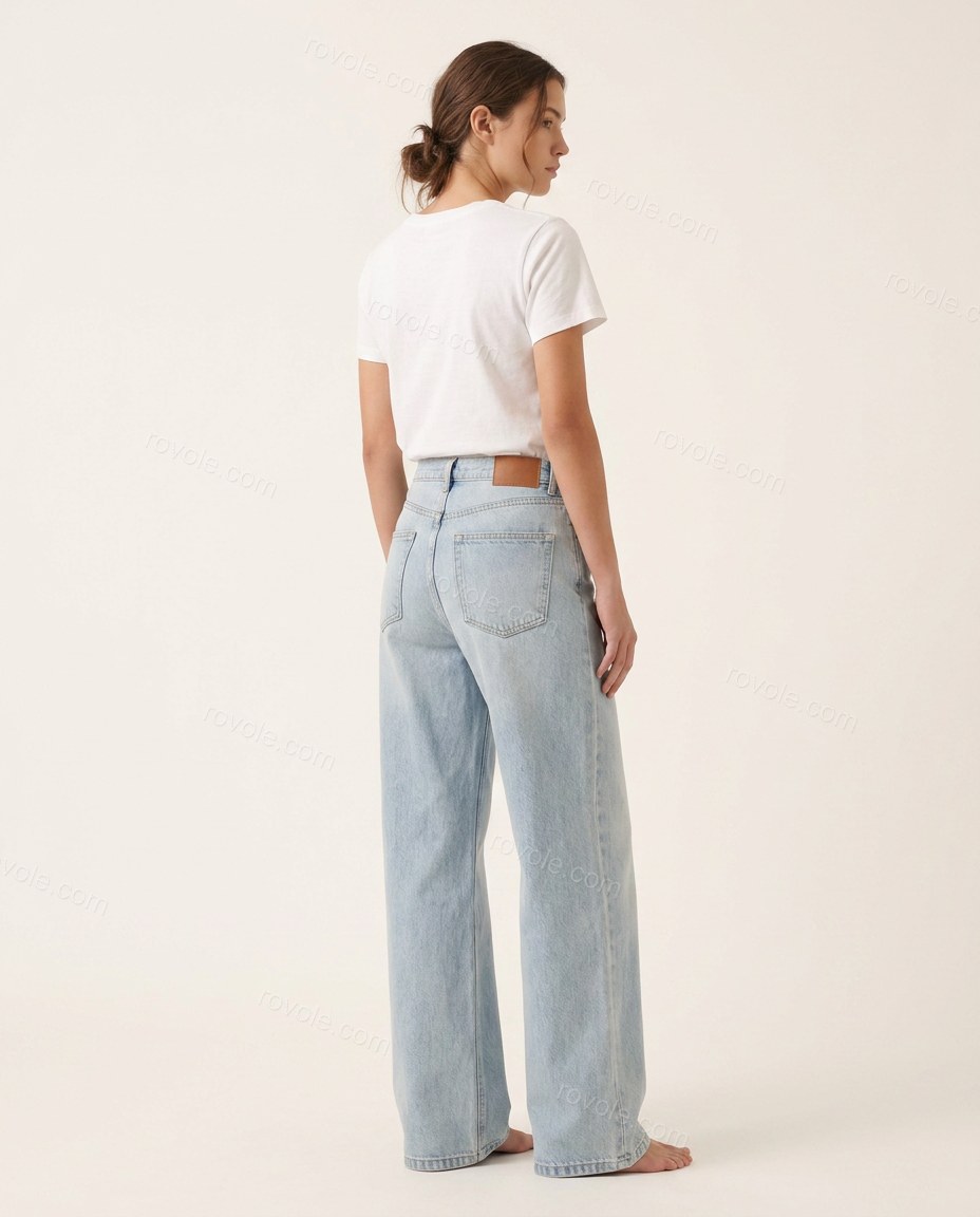 Blue Asymmetric Denim Pants Set, back studio view, by rovole.com