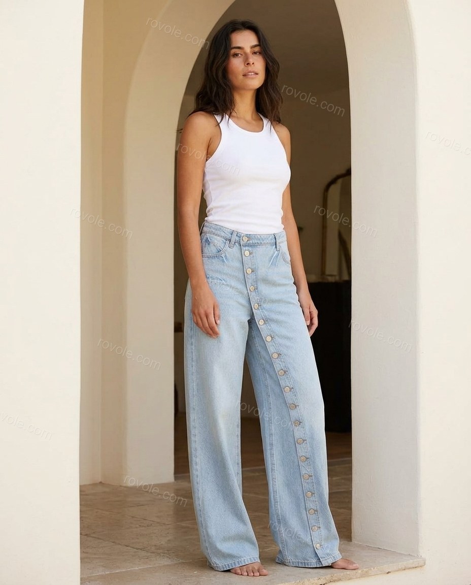 Blue Asymmetric Denim Pants Set, full-length hero view, by rovole.com