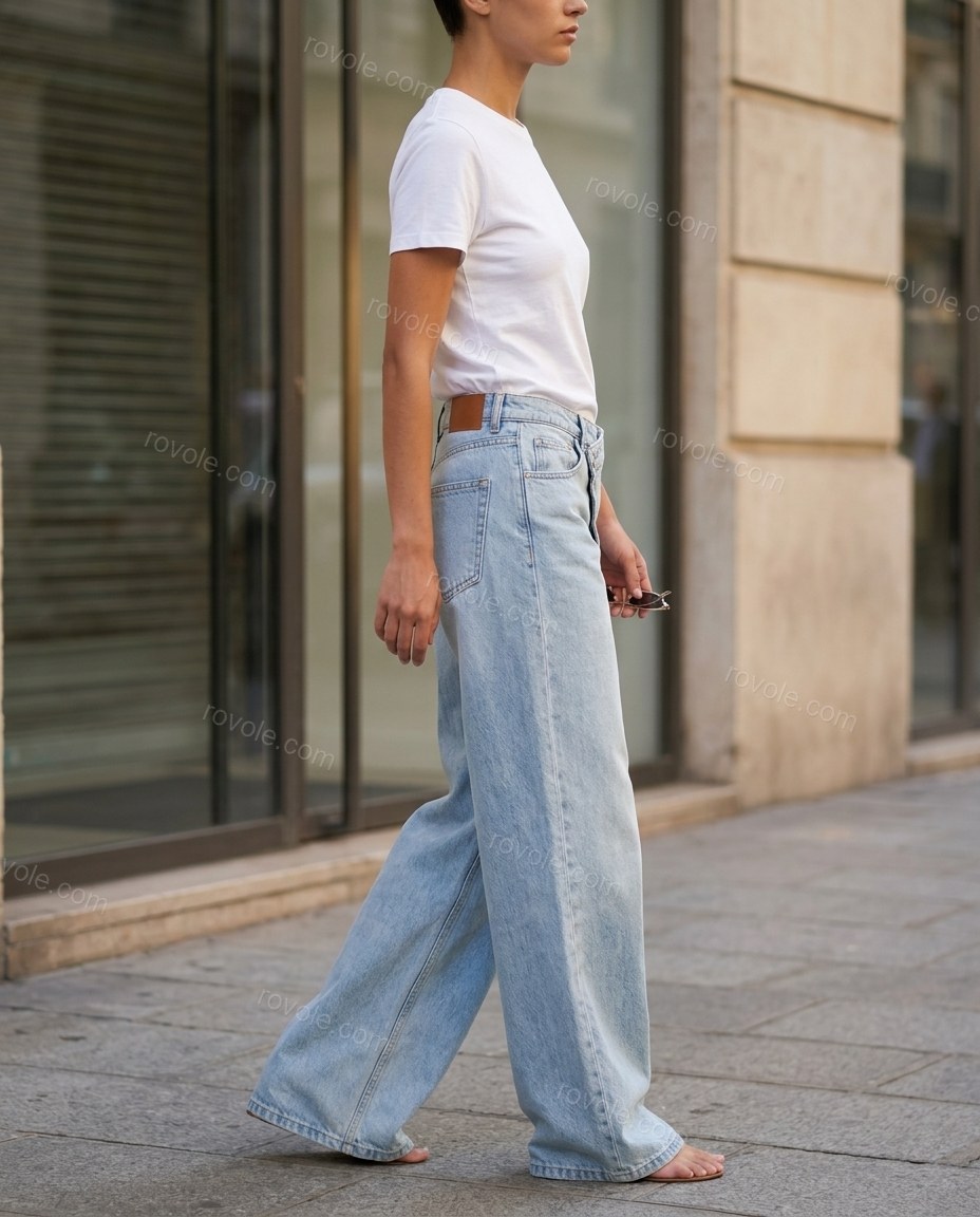 Blue Asymmetric Denim Pants Set, movement and fit lifestyle view, by rovole.com