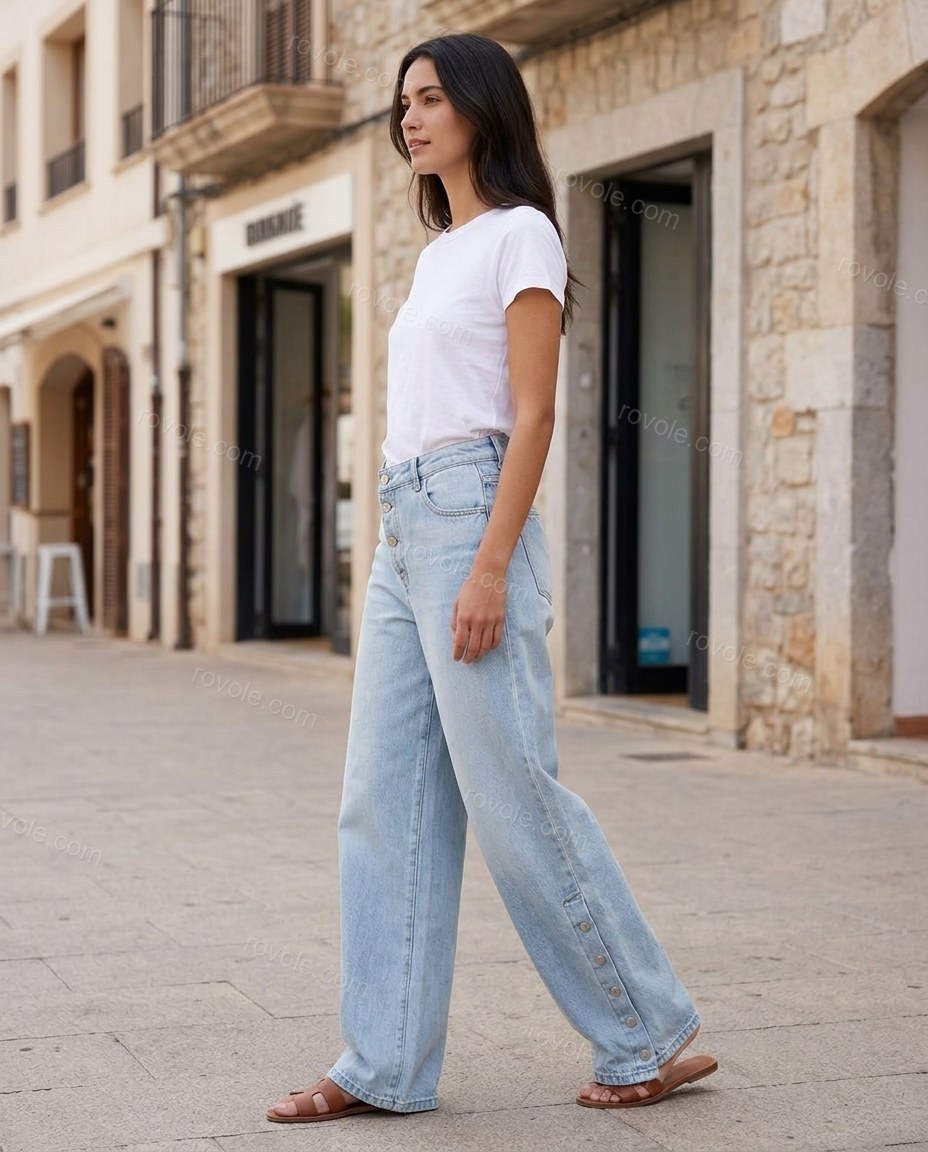 Blue Asymmetric Denim Pants Set, walking lifestyle view, by rovole.com