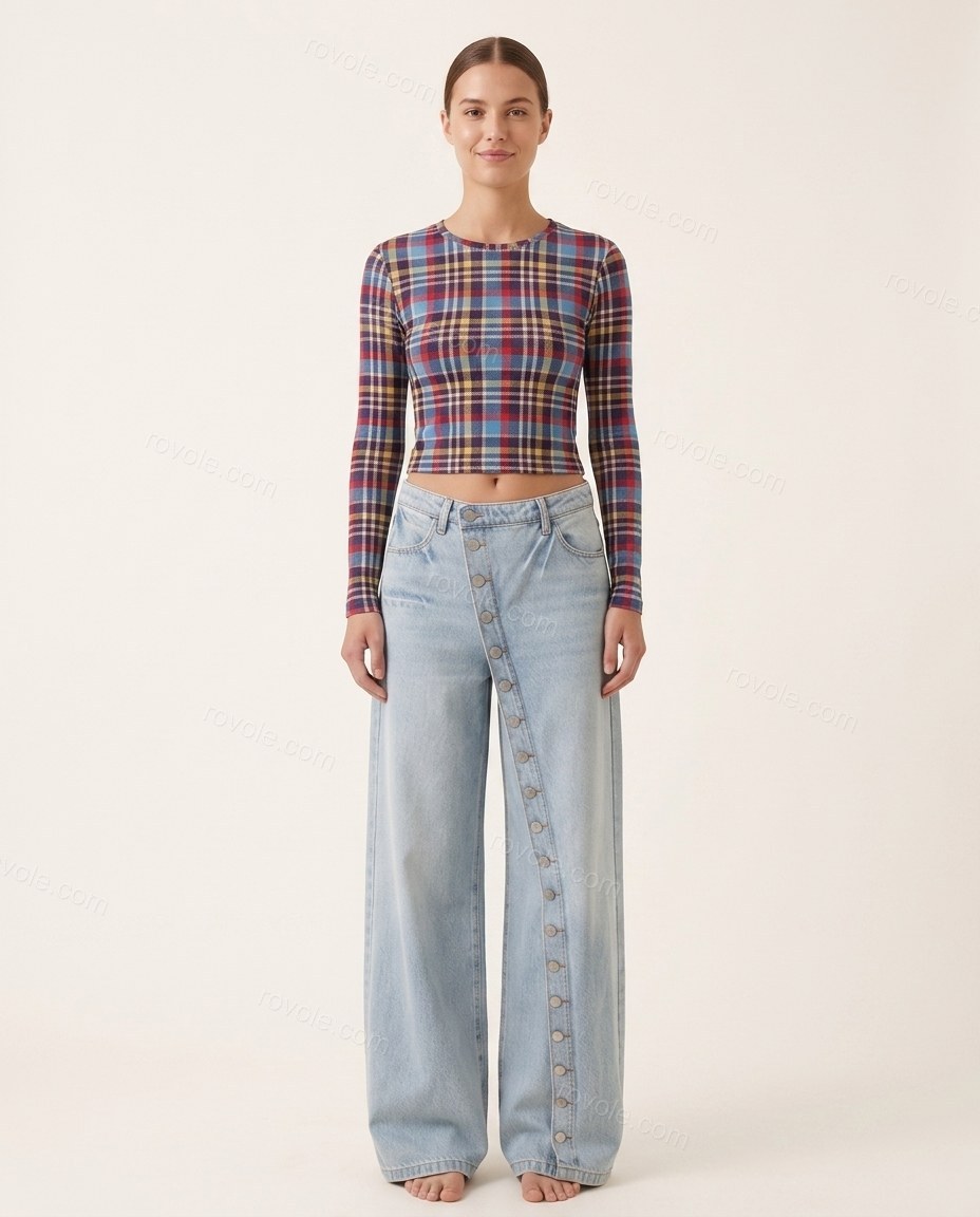 Blue Asymmetric Denim Pants Set, front studio view, by rovole.com