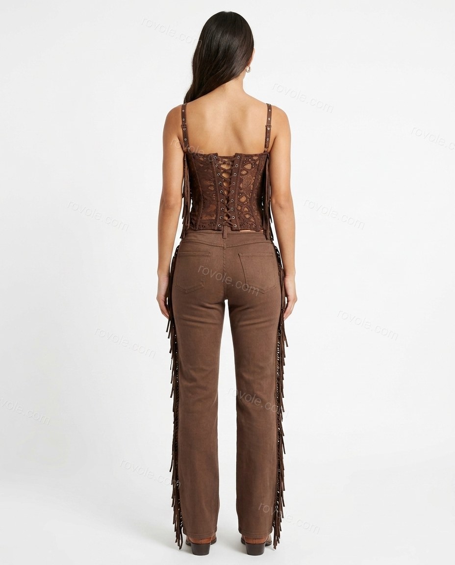 Brown Eyelet Fringe Lace Pants Set, back studio view, by rovole.com