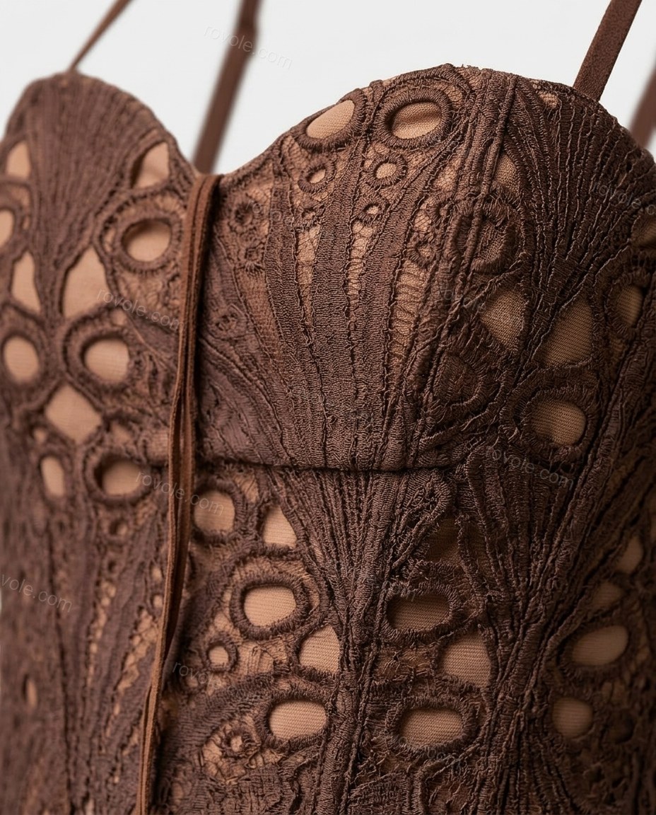 Brown Eyelet Fringe Lace Pants Set, close-up of eyelet cutwork, by rovole.com