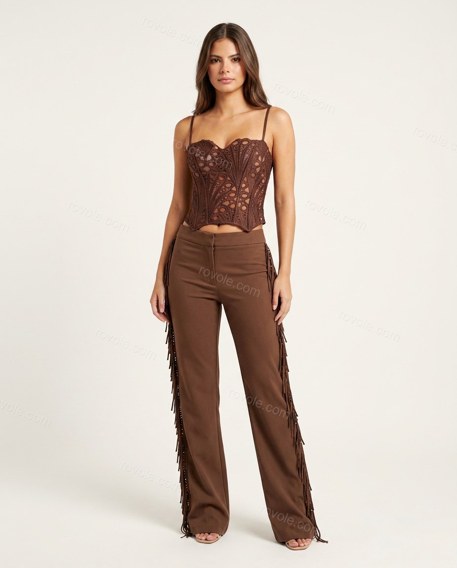 Brown Eyelet Fringe Lace Pants Set, front studio view, by rovole.com