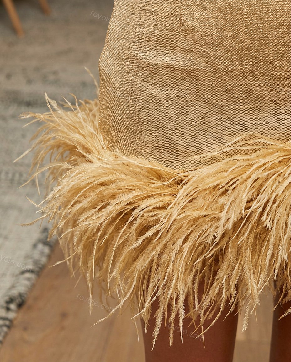 Gold Mini Feather-Trim Dress, close-up of spaghetti straps, feather trim and straight across, by rovole.com