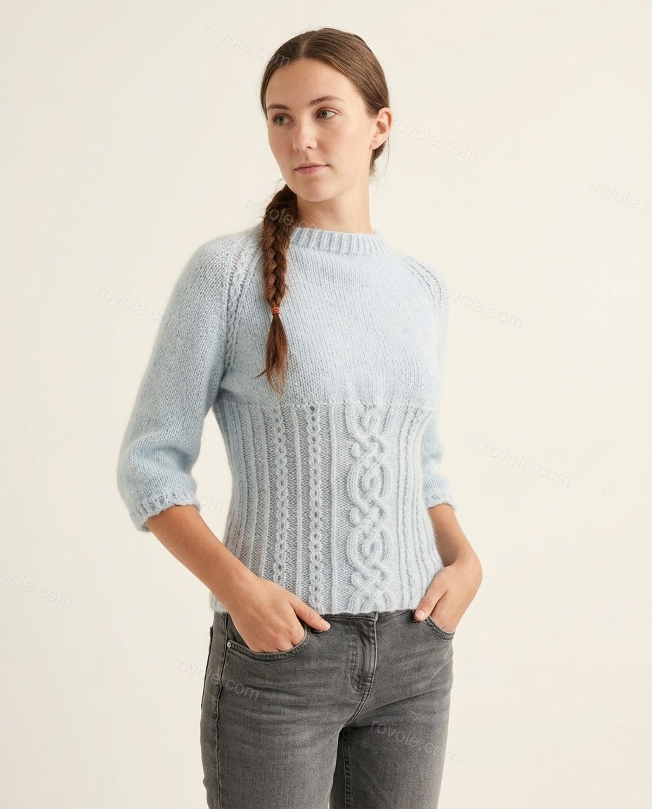 Light Blue Eyelet Ruffled Knit Two-Piece Set, front studio view, by rovole.com