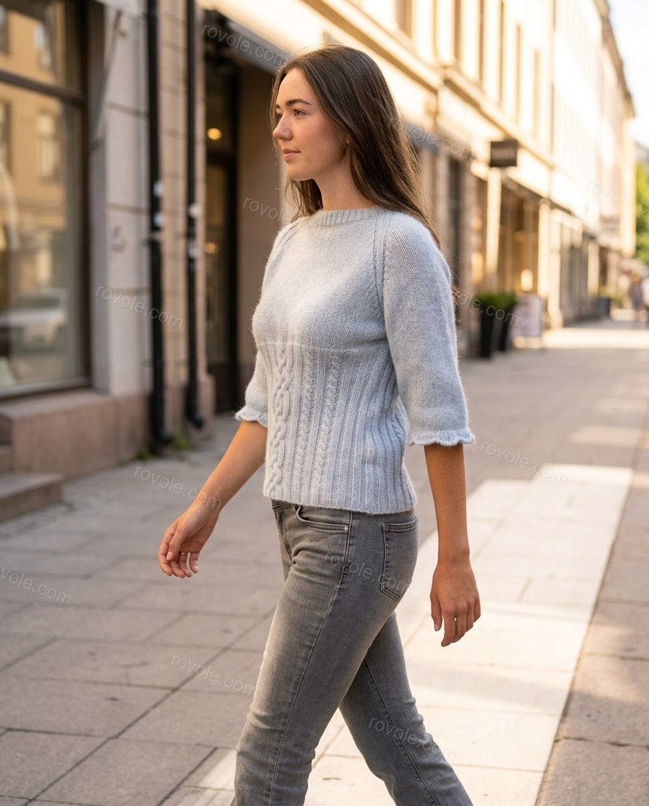 Light Blue Eyelet Ruffled Knit Two-Piece Set, three-quarter brand lifestyle view, by rovole.com