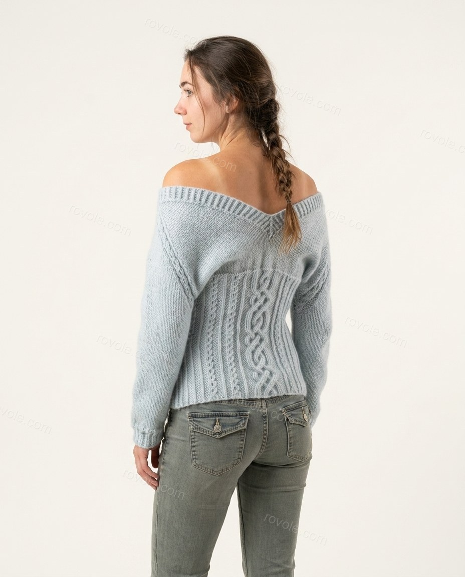 Light Blue Eyelet Ruffled Knit Two-Piece Set, back studio view, by rovole.com