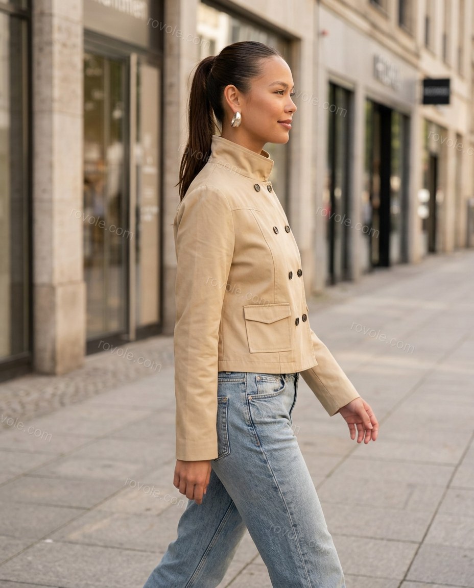 Beige Jacket, walking lifestyle view, by rovole.com