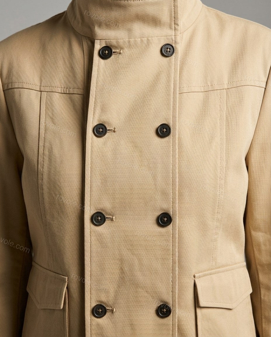 Beige Jacket, close-up of double-breasted, flap pockets and shoulder epaulets, by rovole.com