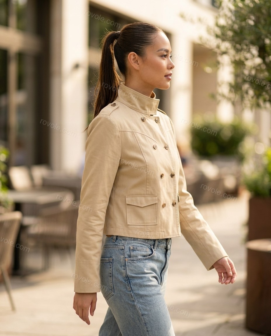 Beige Jacket, three-quarter brand lifestyle view, by rovole.com