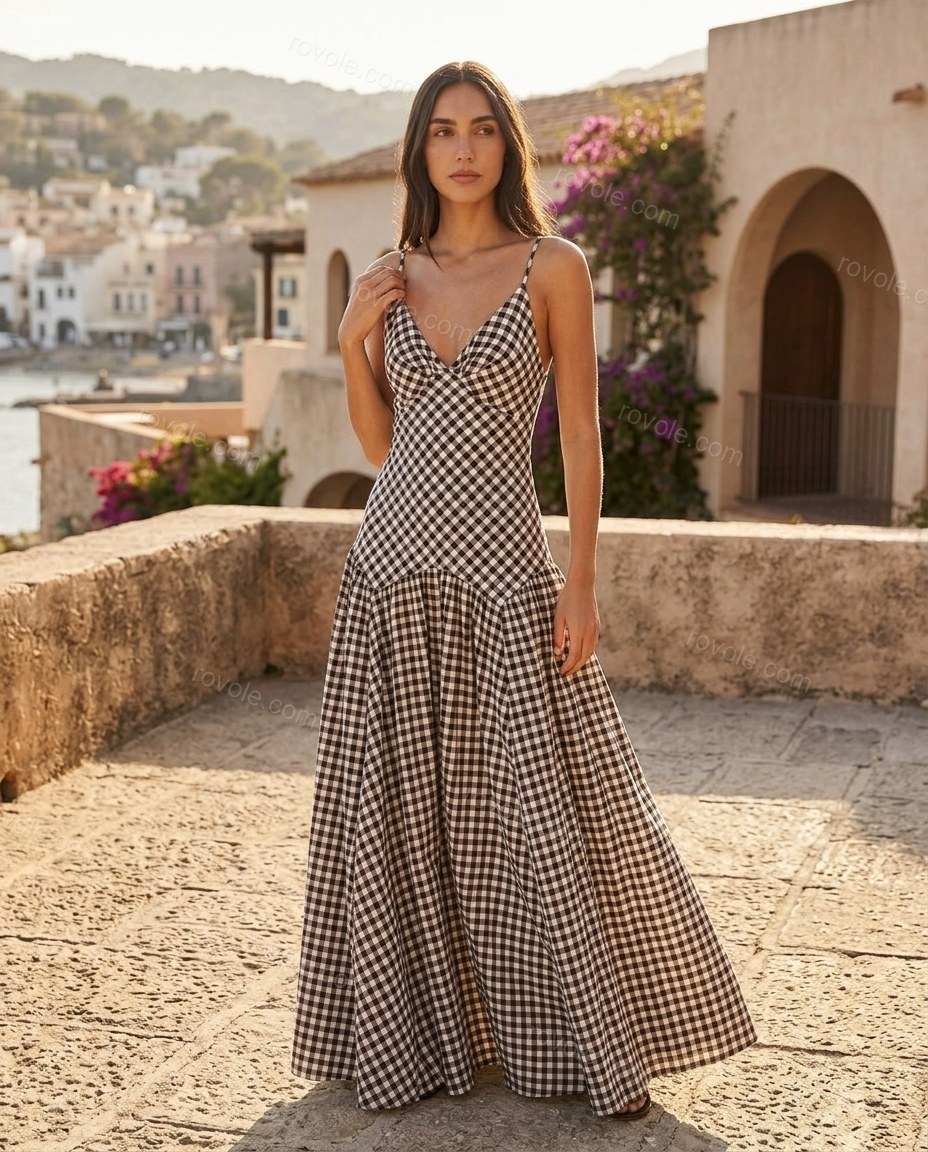 Black Maxi Open-Back Tiered Dress, three-quarter brand lifestyle view, by rovole.com