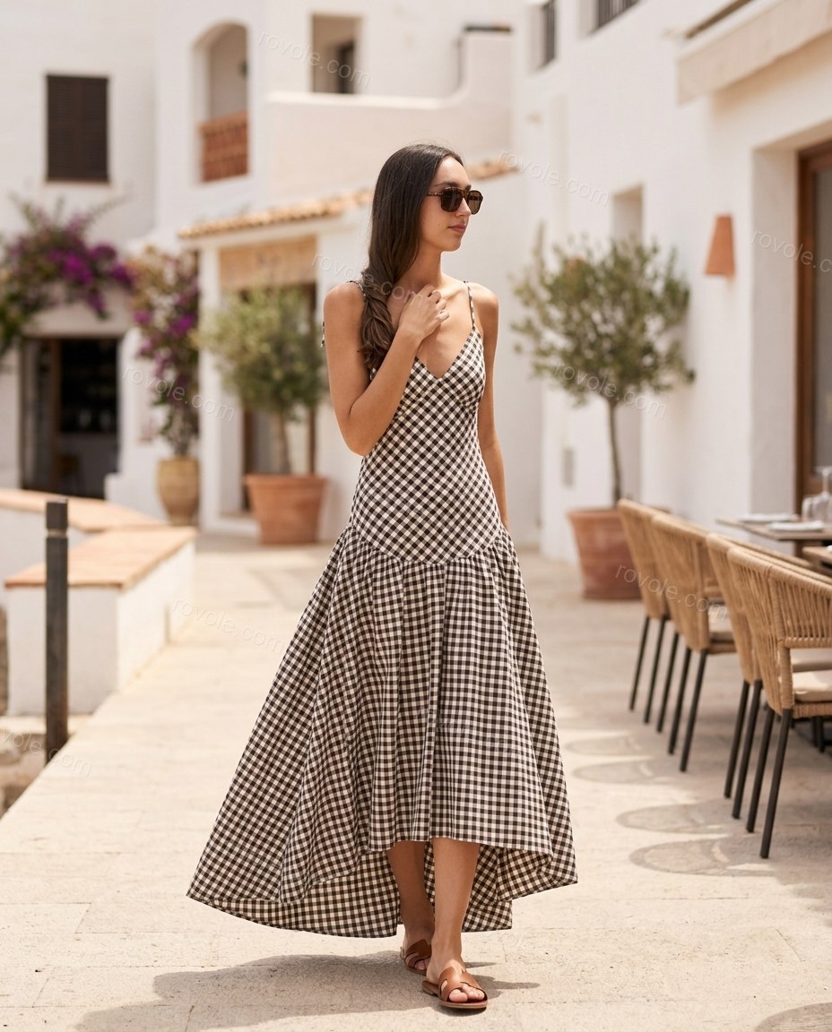 Black Maxi Open-Back Tiered Dress, walking lifestyle view, by rovole.com