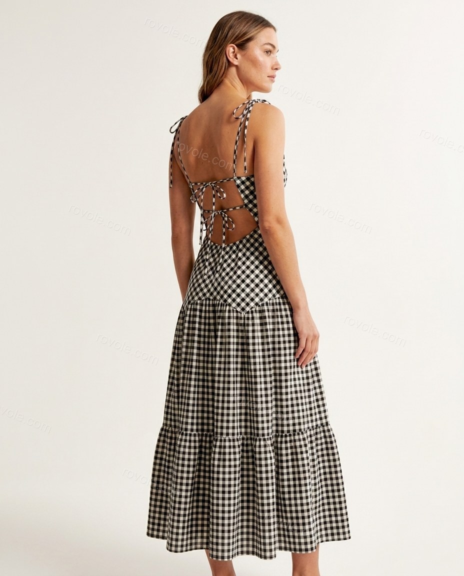 Black Maxi Open-Back Tiered Dress, back studio view, by rovole.com