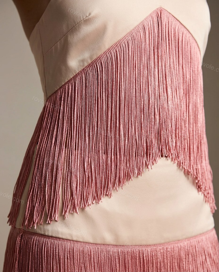 Pink Mini Halter Fringe Top & Skirt Set, close-up of beige accents, fringe detail and halter neck, by rovole.com