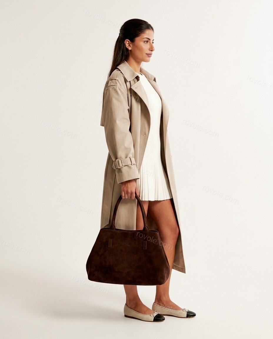 White Knit Ribbed Bottom, side and back studio view showing classic trench back with storm flap and vent, by rovole.com