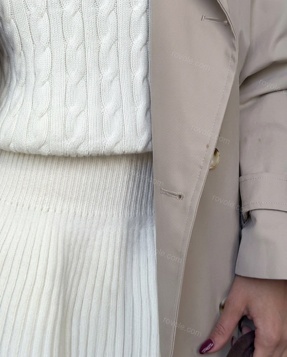 White Knit Ribbed Bottom, close-up of cable knit bodice, ribbed knit skirt and wide notched lapels, by rovole.com