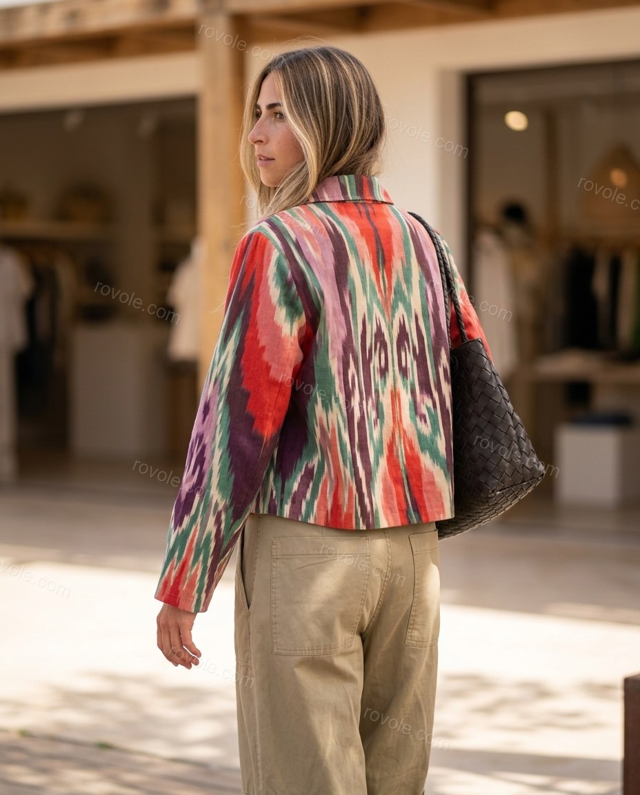 Multi-Color Ikat Jacket, movement and fit lifestyle view, by rovole.com