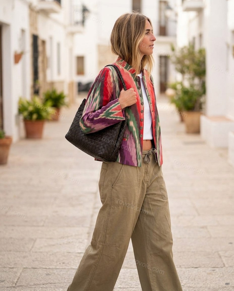 Multi-Color Ikat Jacket, walking lifestyle view, by rovole.com
