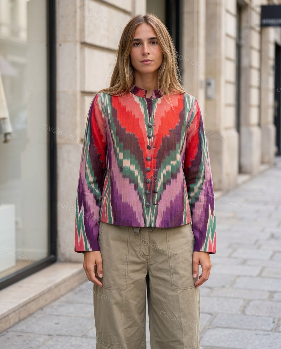Multi-Color Ikat Jacket, three-quarter brand lifestyle view, by rovole.com