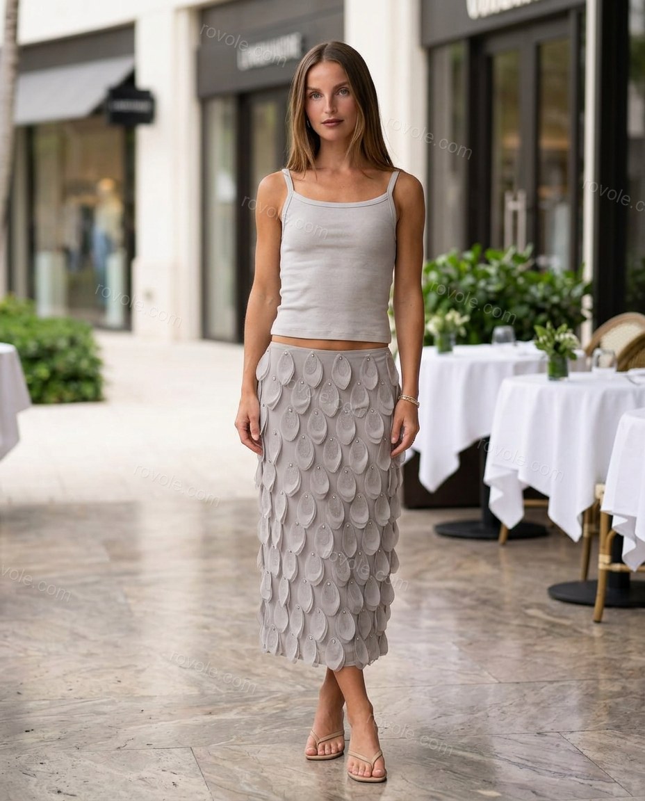 Grey Midi Top & Skirt Set, three-quarter brand lifestyle view, by rovole.com