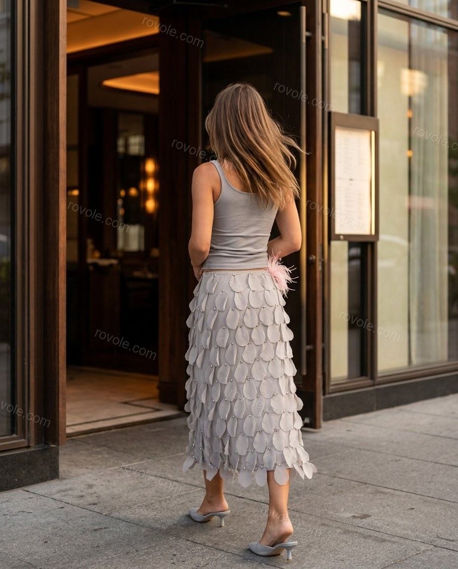 Grey Midi Top & Skirt Set, movement and fit lifestyle view, by rovole.com