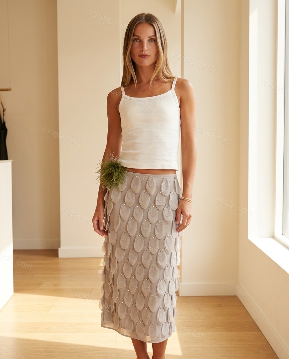 Grey Midi Top & Skirt Set, full-length hero view, by rovole.com
