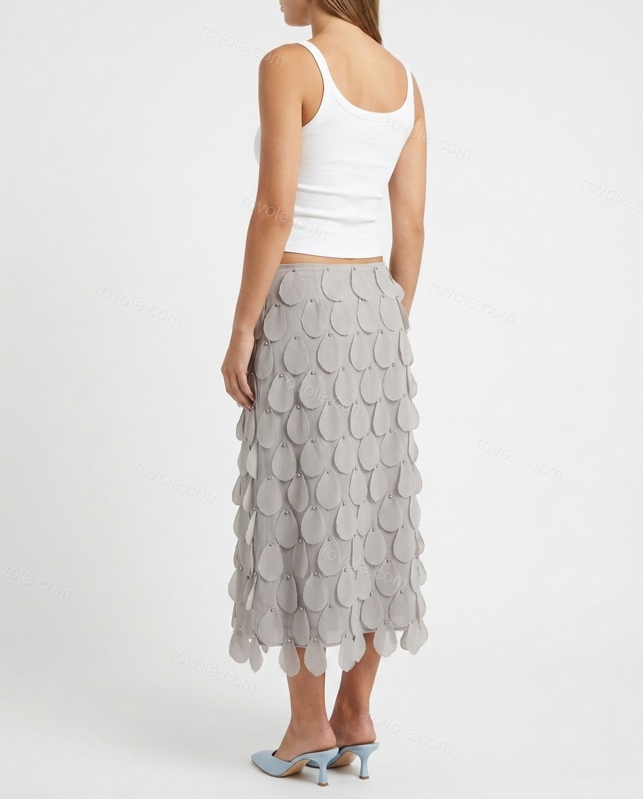 Grey Midi Top & Skirt Set, back studio view showing full coverage of petal appliques continues to the back, by rovole.com