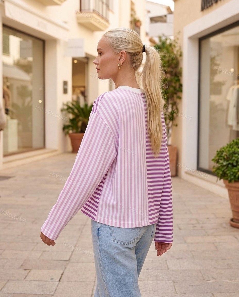 Purple Striped Cotton Ribbed Top, walking lifestyle view, by rovole.com