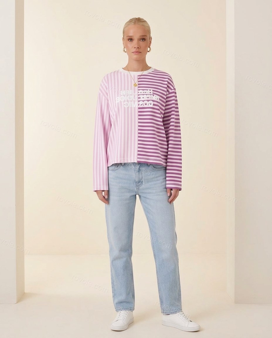Purple Striped Cotton Ribbed Top, full-length hero view, by rovole.com