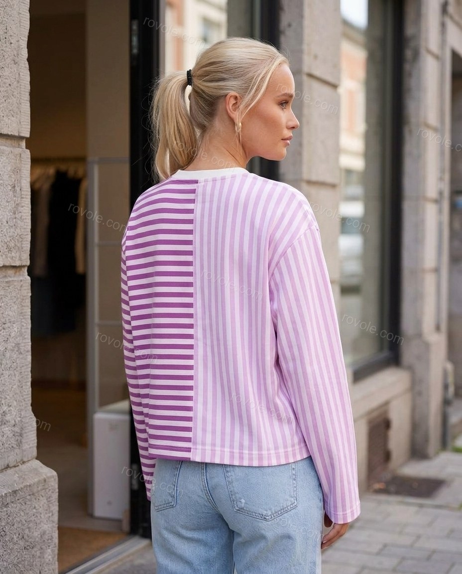 Purple Striped Cotton Ribbed Top, three-quarter brand lifestyle view, by rovole.com