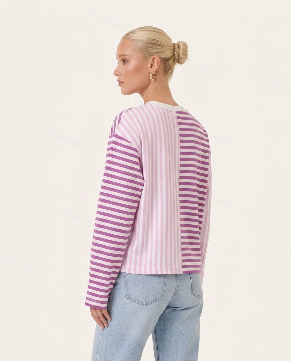 Purple Striped Cotton Ribbed Top, back studio view showing split-panel striped construction, by rovole.com