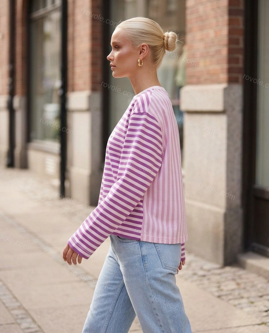 Purple Striped Cotton Ribbed Top, movement and fit lifestyle view, by rovole.com