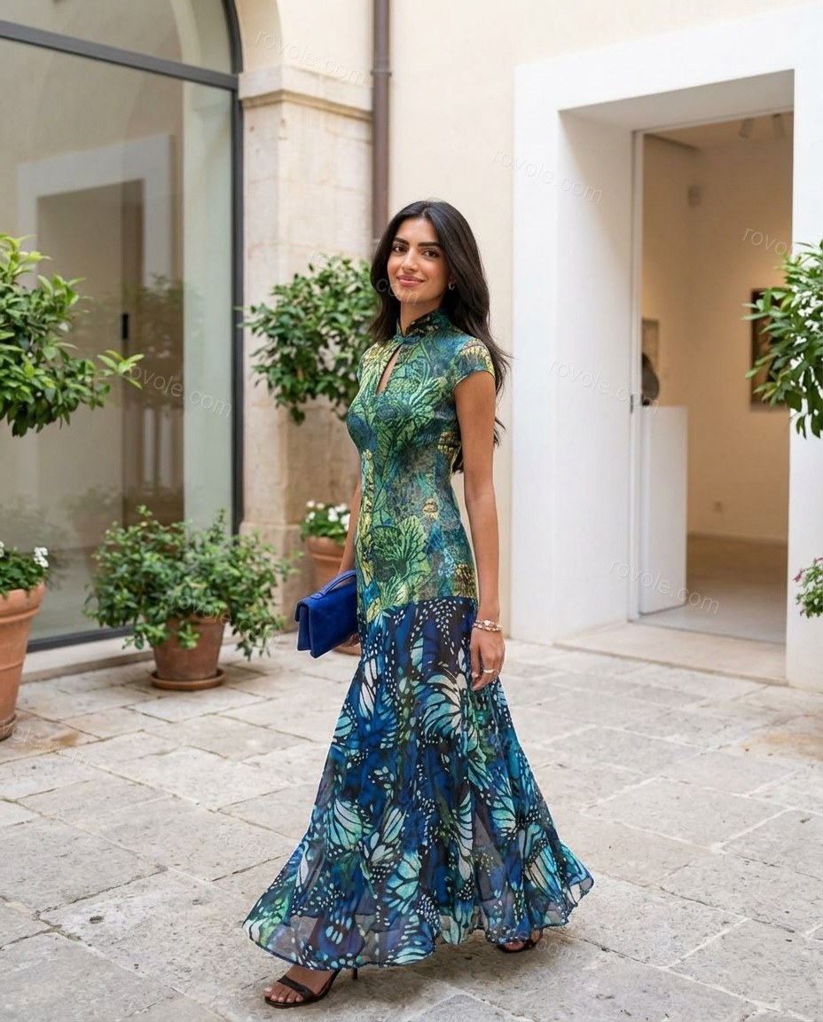 Blue Asymmetric Dress, walking lifestyle view, by rovole.com