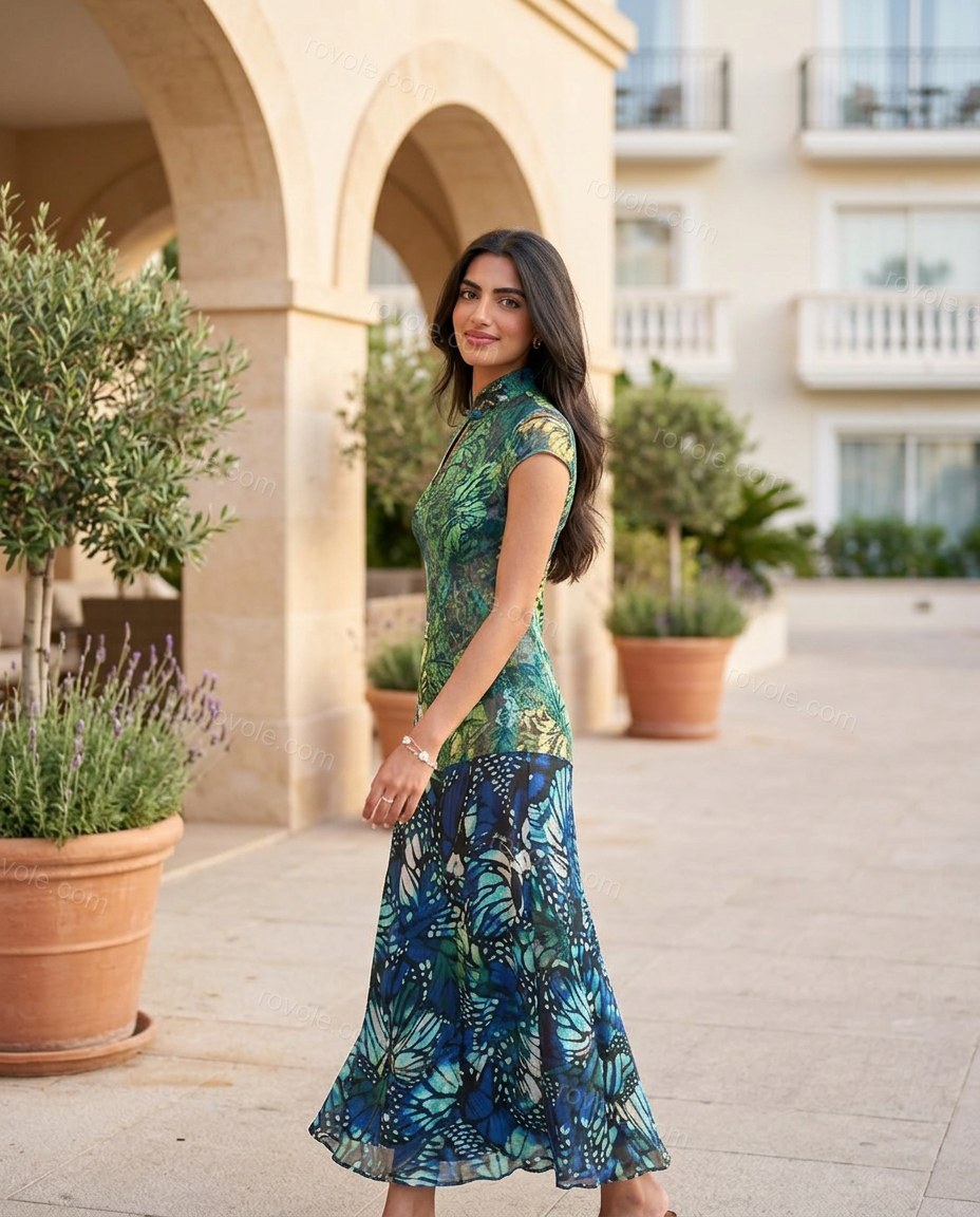 Blue Asymmetric Dress, movement and fit lifestyle view, by rovole.com