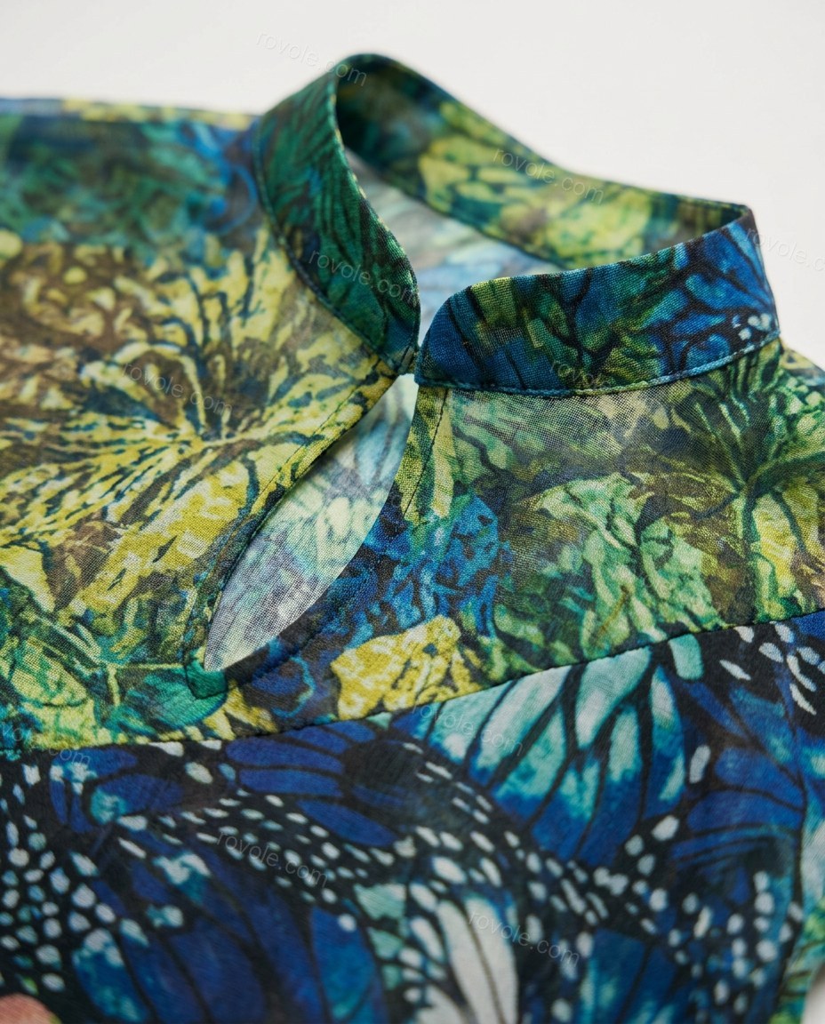 Blue Asymmetric Dress, close-up of green and yellow accents, keyhole neckline and asymmetrical hem, by rovole.com