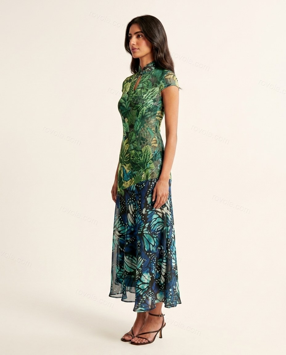 Blue Asymmetric Dress, side and back studio view, by rovole.com