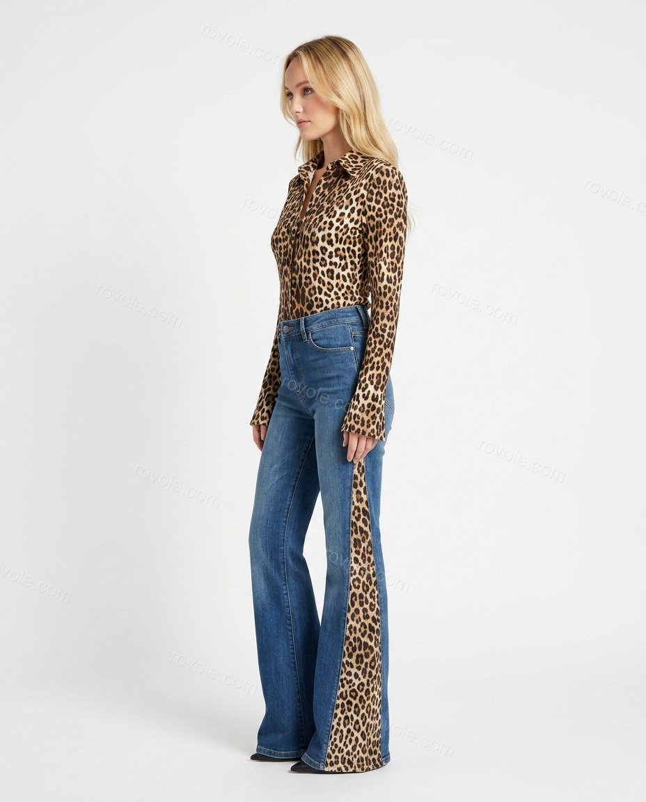 Blue Leopard Print Denim Top & Pants Set, side and back studio view, by rovole.com