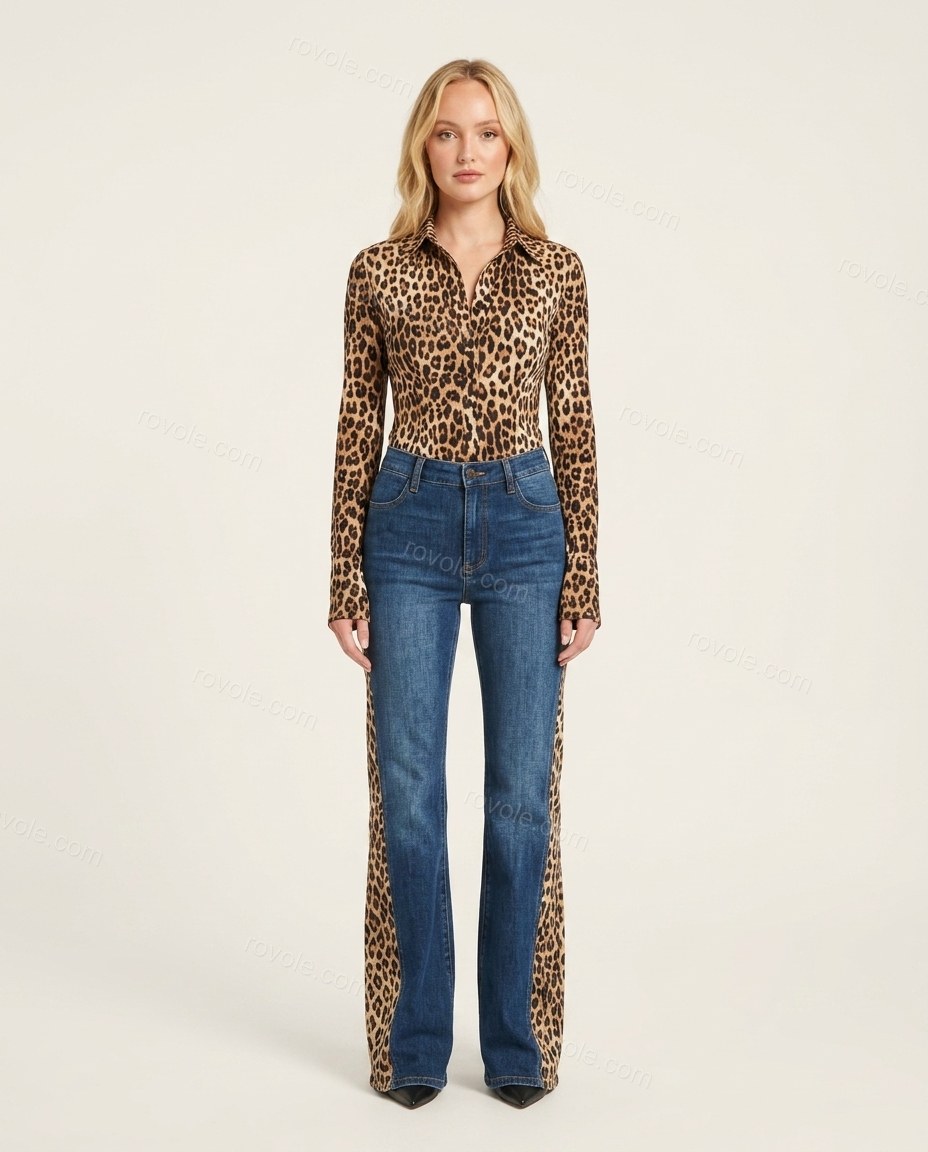 Blue Leopard Print Denim Top & Pants Set, front studio view, by rovole.com